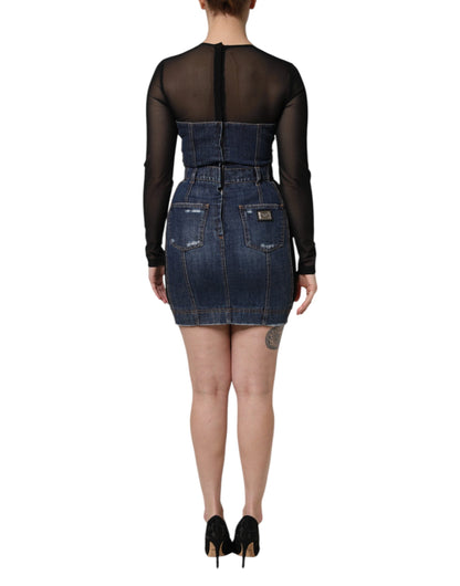 Dolce &amp; Gabbana – Schwarz-blaues, langärmliges Jeans-Minikleid