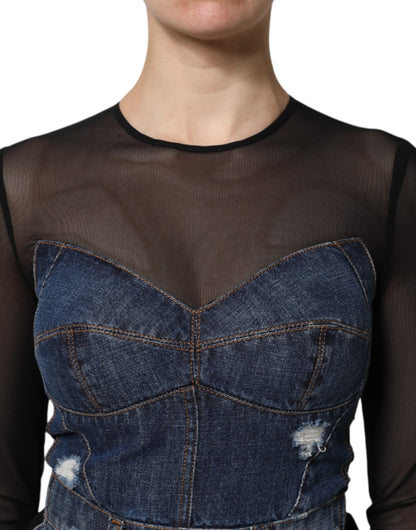 Dolce &amp; Gabbana – Schwarz-blaues, langärmliges Jeans-Minikleid