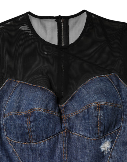 Dolce &amp; Gabbana – Schwarz-blaues, langärmliges Jeans-Minikleid