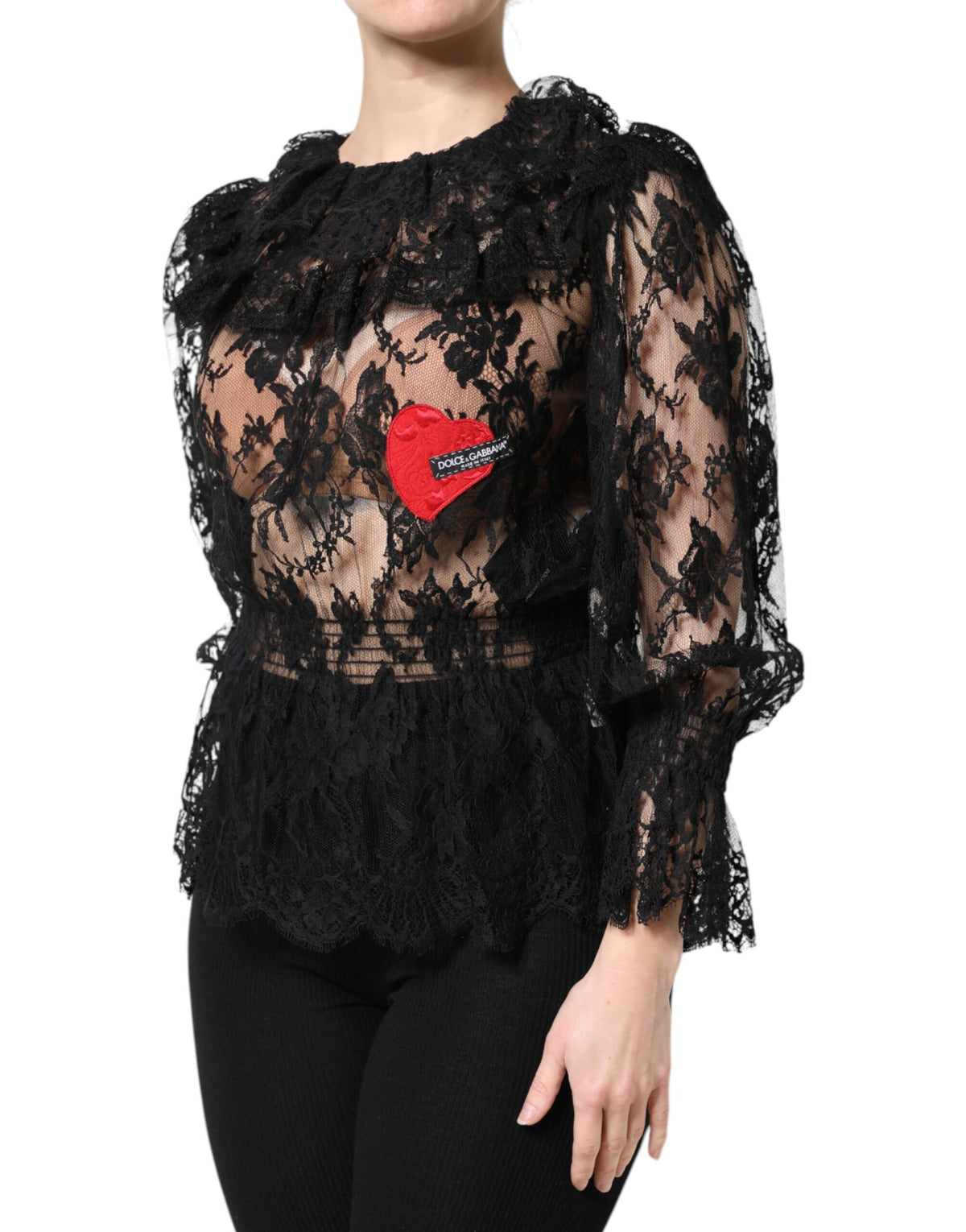 Dolce &amp; Gabbana Schwarzes Blusentop aus Baumwoll-Blumenspitze