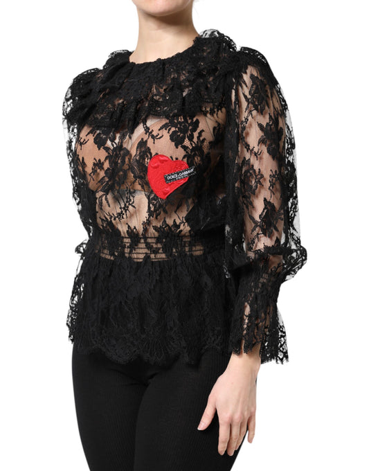 Dolce &amp; Gabbana Schwarzes Blusentop aus Baumwoll-Blumenspitze