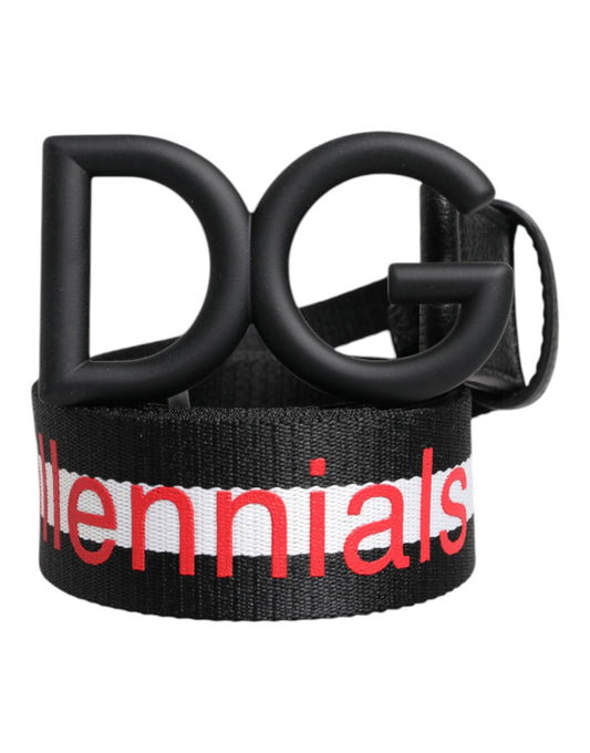 Dolce &amp; Gabbana – Schwarzer Polyester-Gürtel mit DG-Schnalle und Logo-Print