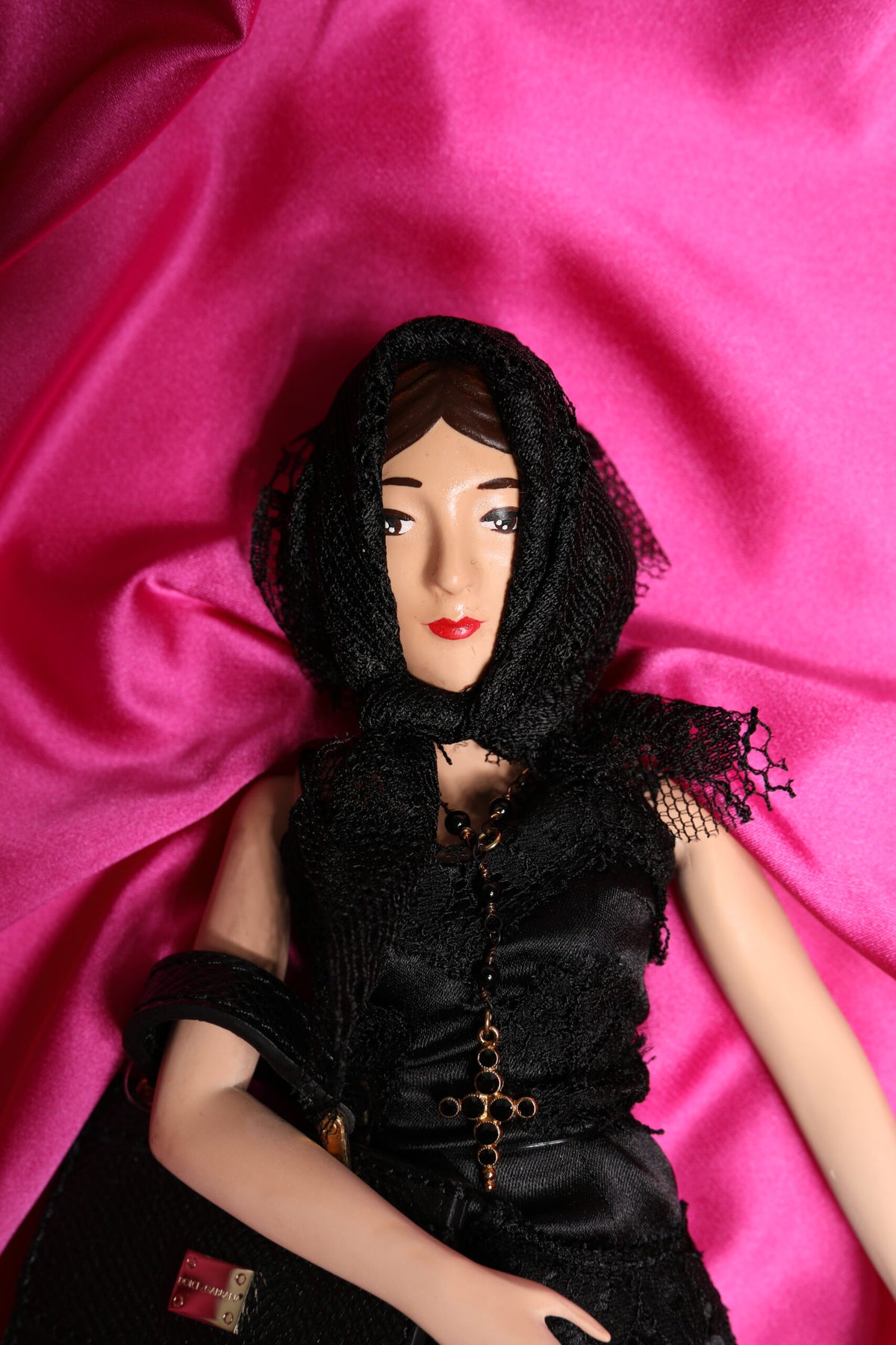 Dolce &amp; Gabbana Schwarzes Kleid Keramik Porzellan Mode Leder Sicily Dolls