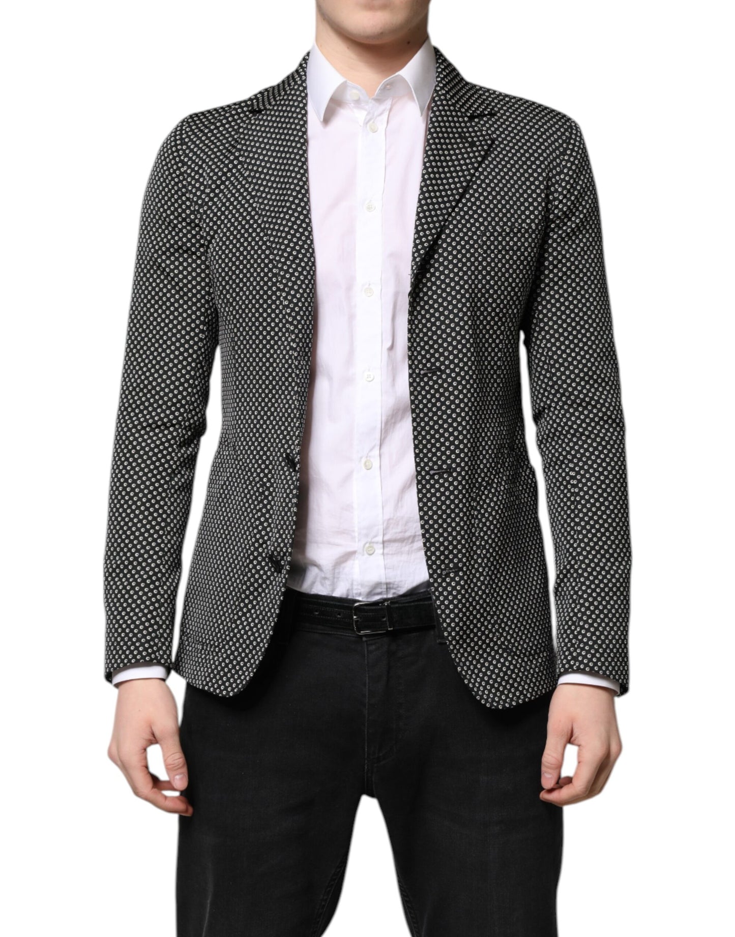 Dolce &amp; Gabbana Schwarz Weiß Gemusterter Herren Anzug Mantel Blazer