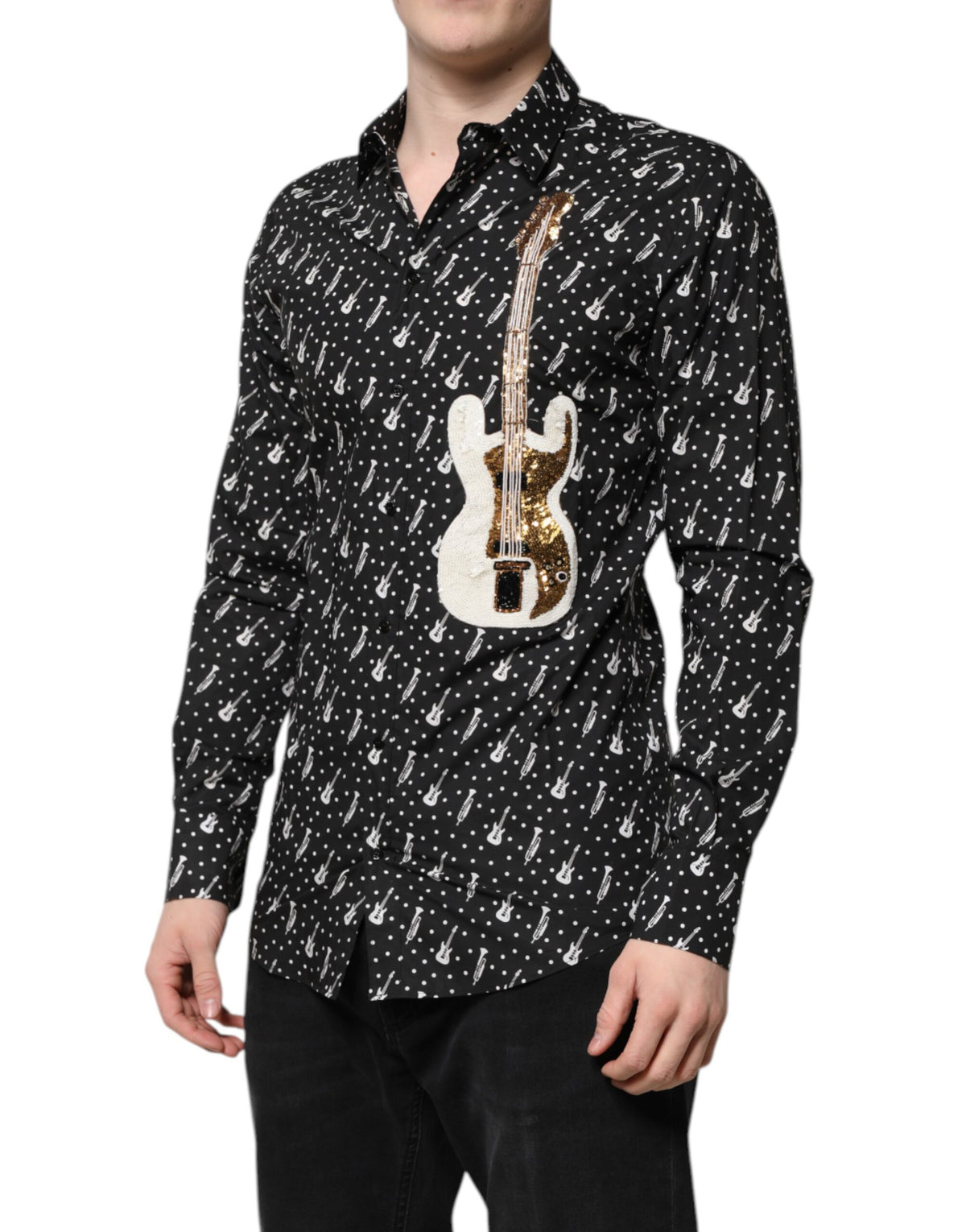 Dolce &amp; Gabbana Schwarzes GOLD-Hemd mit Instrumentenverzierung