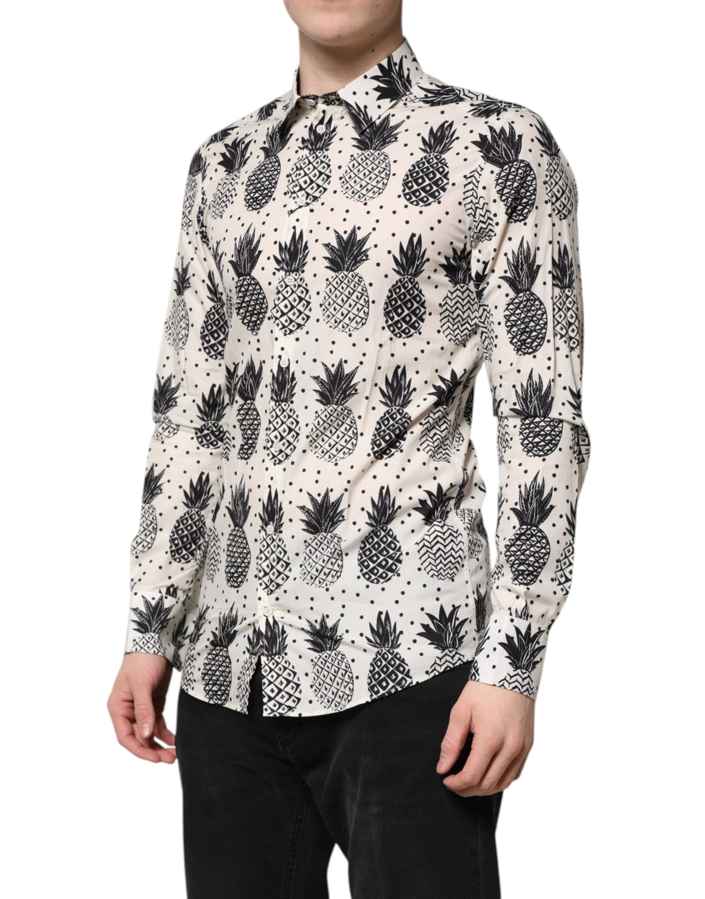 Dolce & Gabbana White Pineapple Print Long Sleeve GOLD Shirt
