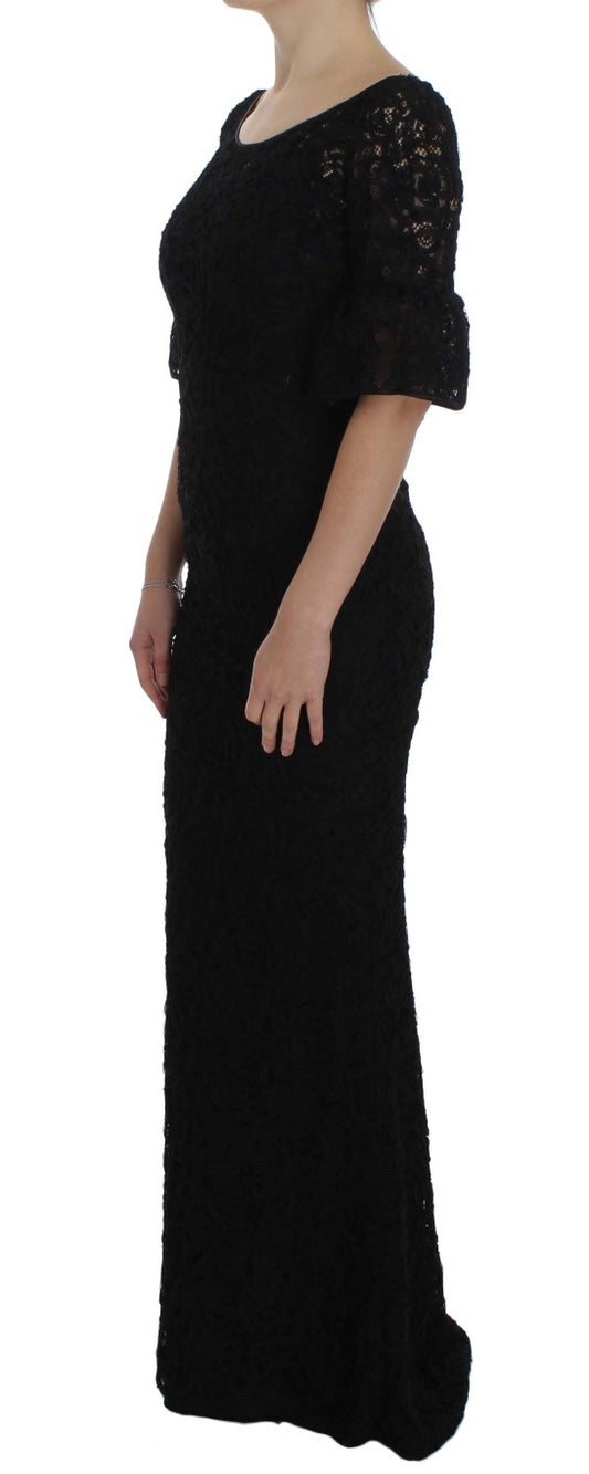 Dolce &amp; Gabbana – Langes, figurbetontes Maxikleid aus geblümter Spitze in Schwarz