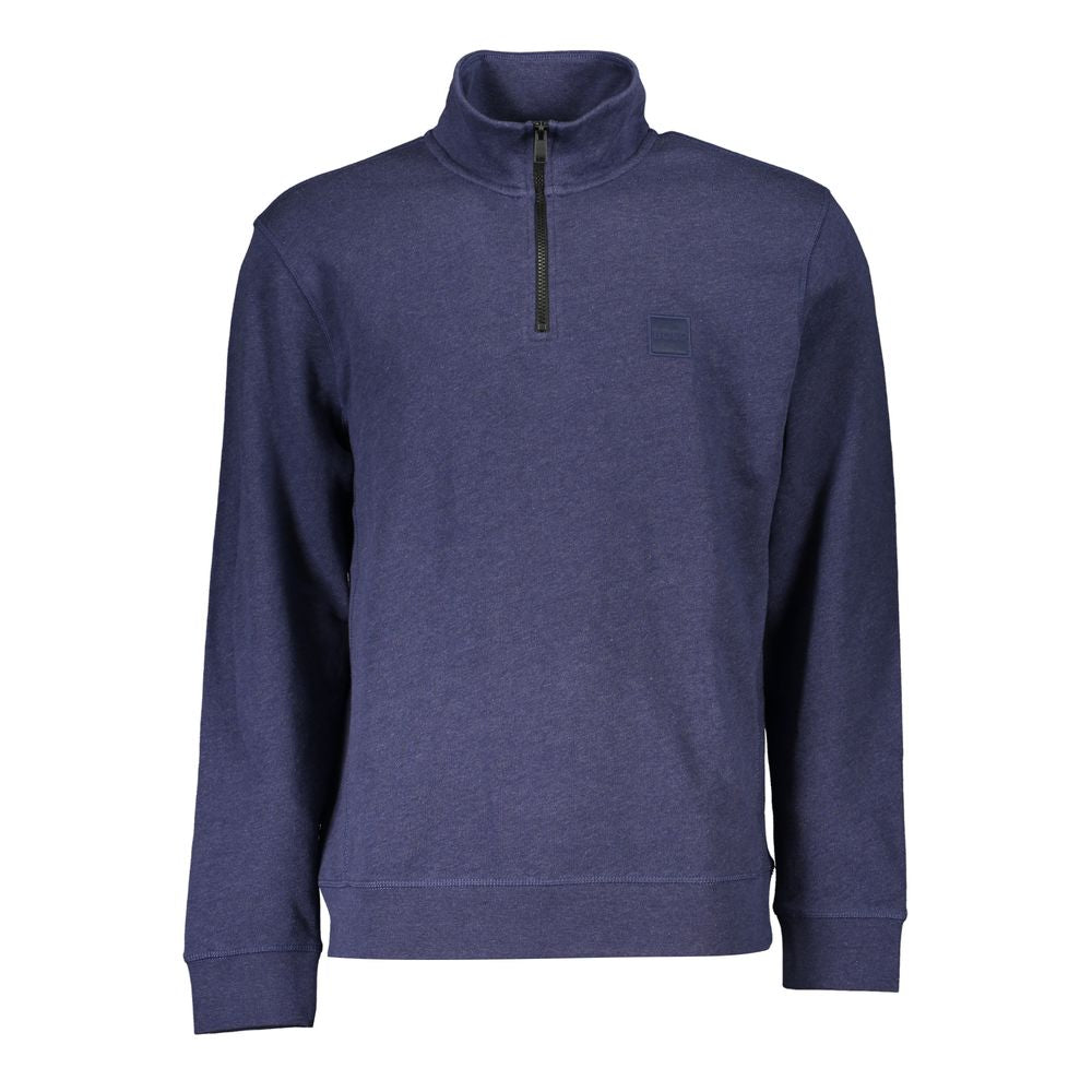 Hugo Boss Blue Cotton Men Sweater with Half Zip Closure