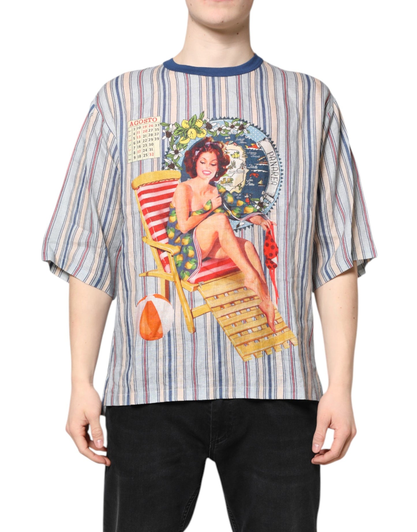 Dolce &amp; Gabbana – Mehrfarbig gestreiftes Pin-Up-T-Shirt aus Leinen mit Rundhalsausschnitt