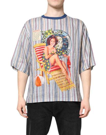 Dolce &amp; Gabbana – Mehrfarbig gestreiftes Pin-Up-T-Shirt aus Leinen mit Rundhalsausschnitt