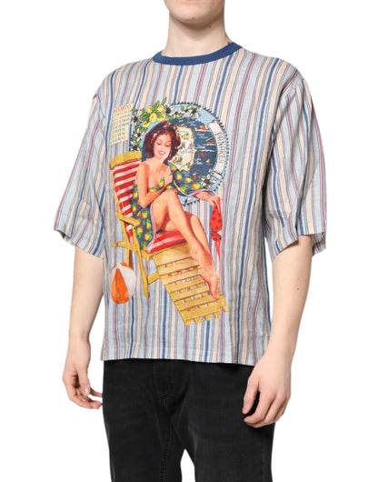 Dolce &amp; Gabbana – Mehrfarbig gestreiftes Pin-Up-T-Shirt aus Leinen mit Rundhalsausschnitt