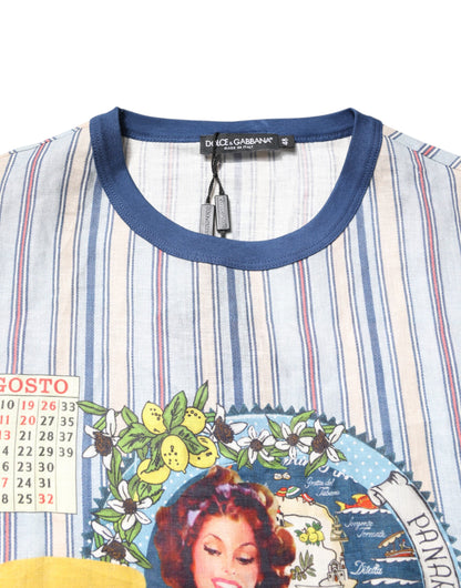 Dolce &amp; Gabbana – Mehrfarbig gestreiftes Pin-Up-T-Shirt aus Leinen mit Rundhalsausschnitt