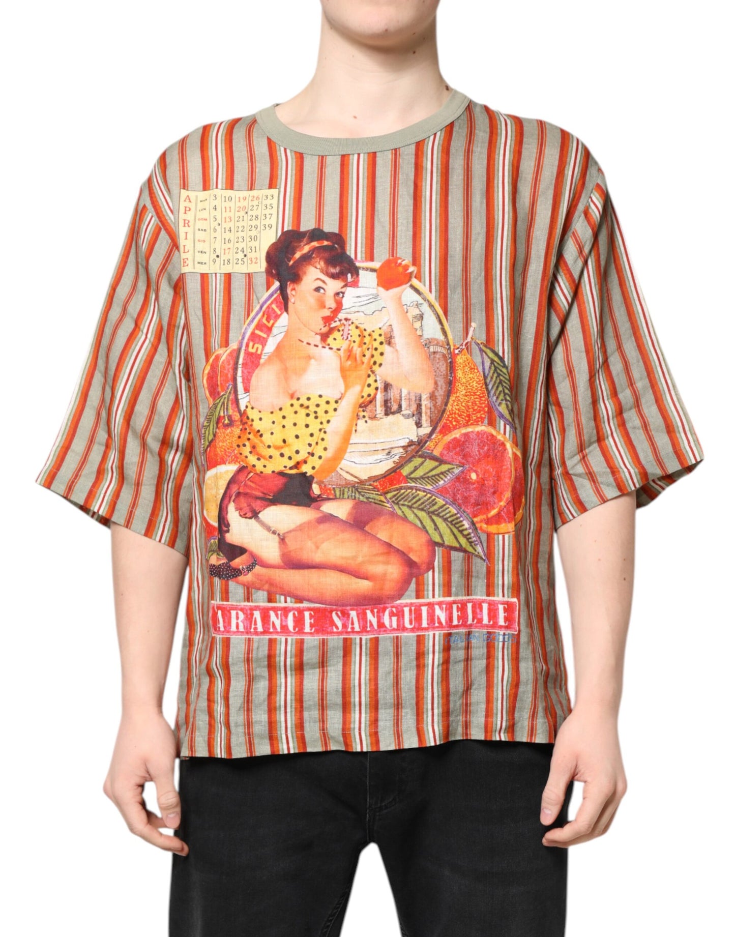 Dolce &amp; Gabbana – Mehrfarbig gestreiftes grafisches Leinen-T-Shirt mit Rundhalsausschnitt
