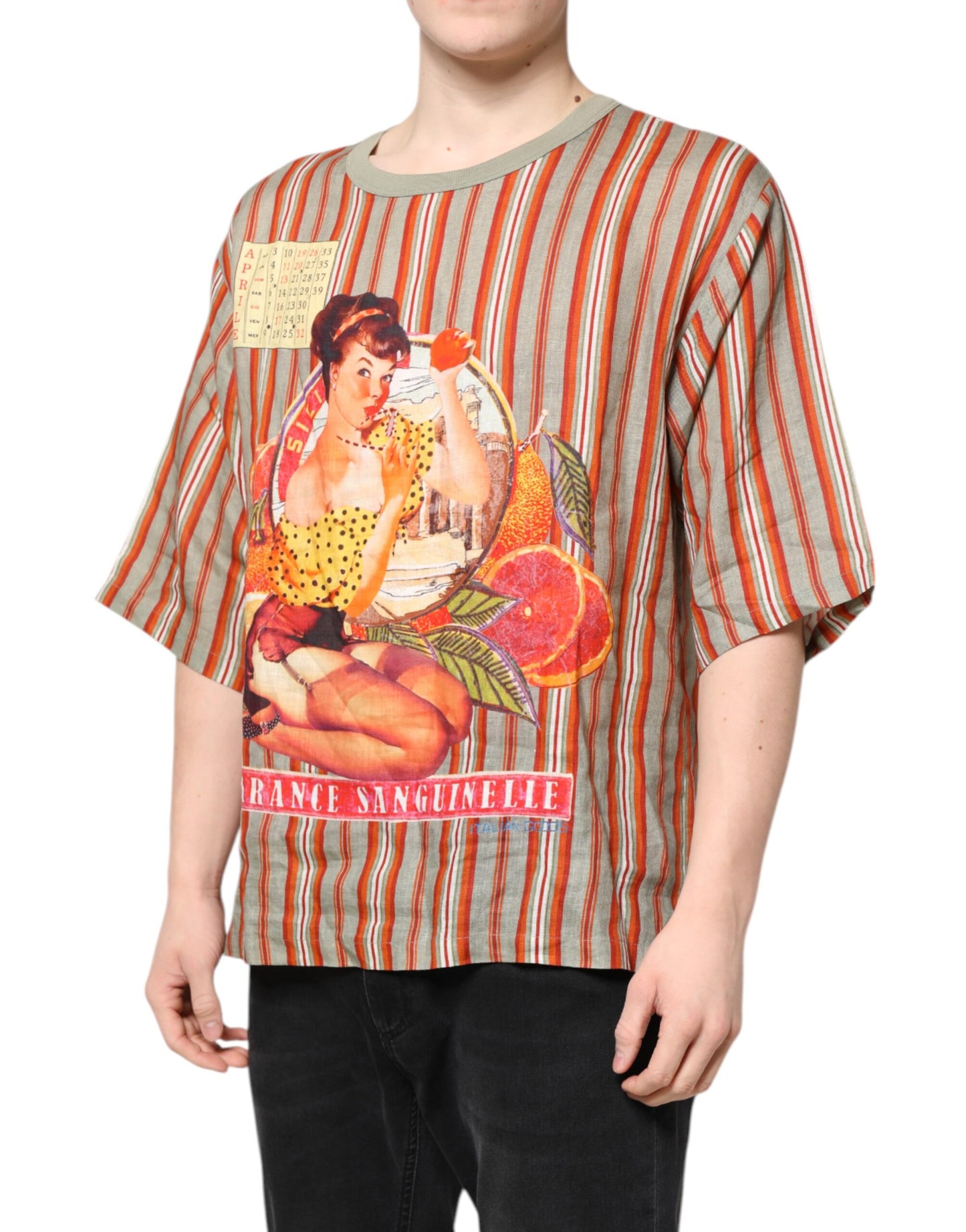Dolce &amp; Gabbana – Mehrfarbig gestreiftes grafisches Leinen-T-Shirt mit Rundhalsausschnitt