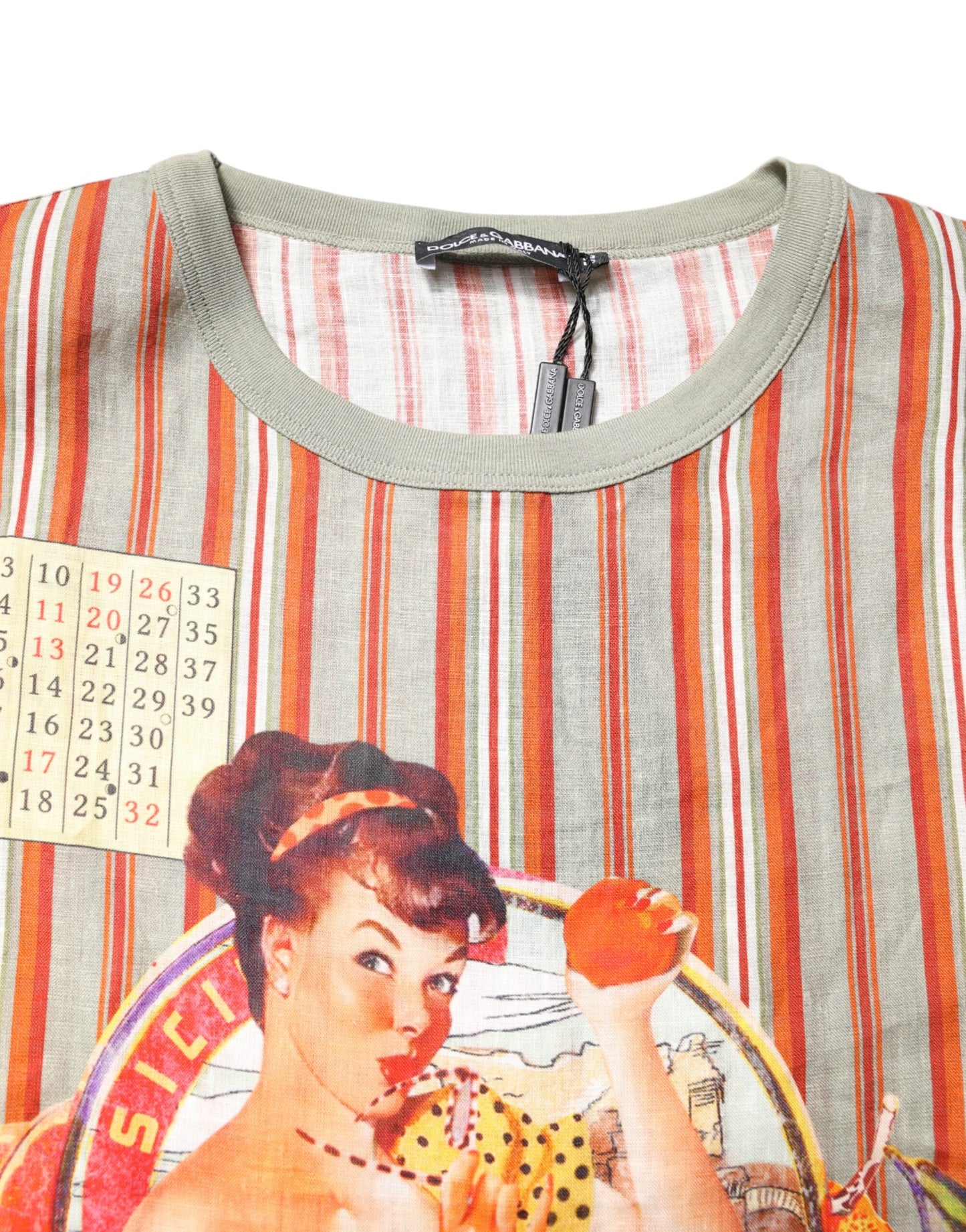 Dolce &amp; Gabbana – Mehrfarbig gestreiftes grafisches Leinen-T-Shirt mit Rundhalsausschnitt