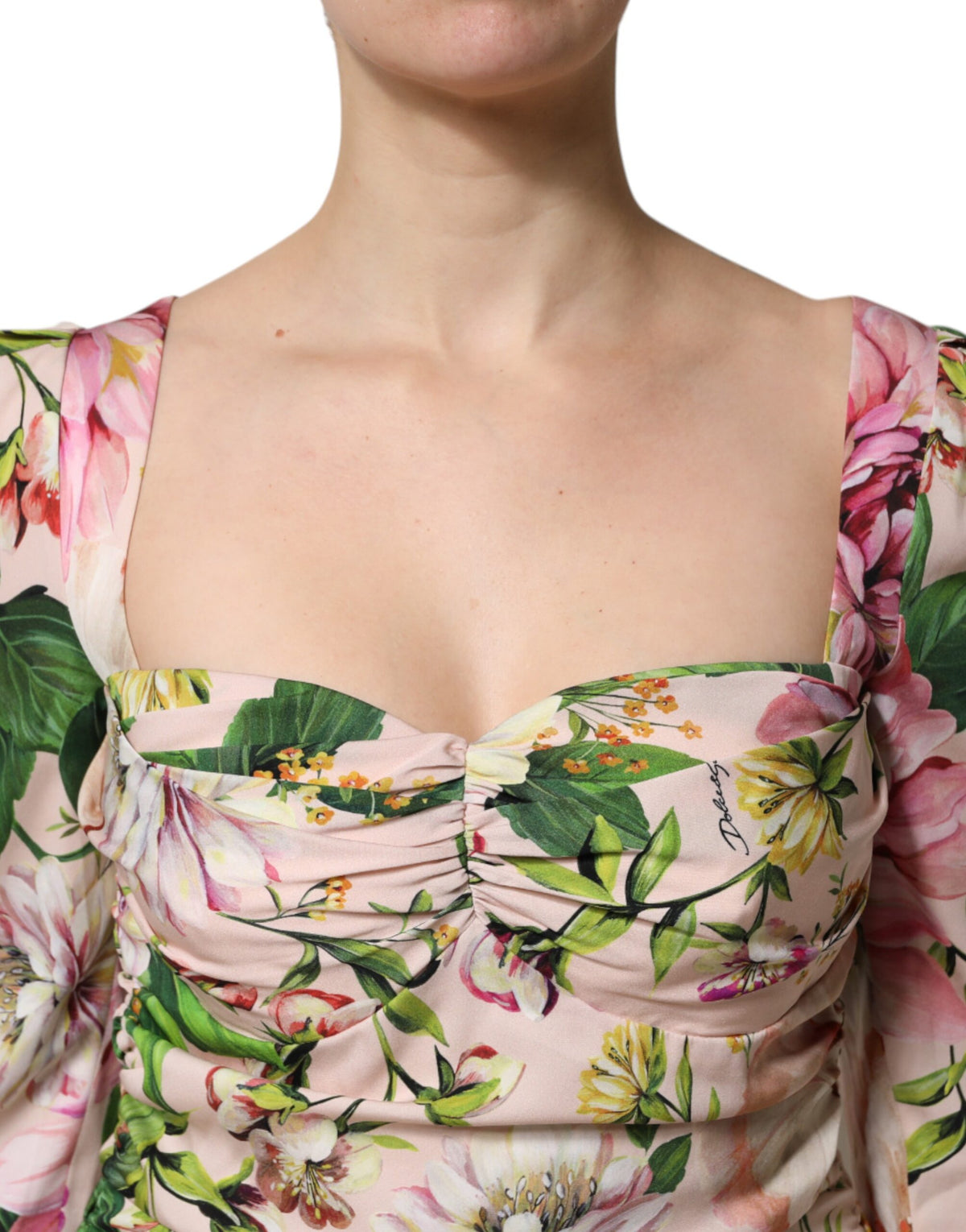 Dolce & Gabbana Rosa geblümtes Seiden-Midi-Kleid mit figurbetonter Passform und ausgestelltem Rock