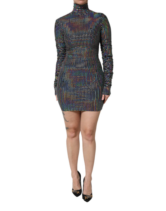 Dolce &amp; Gabbana – Schwarzes, verziertes, figurbetontes Minikleid aus Nylon