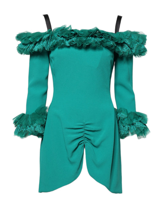 Dolce &amp; Gabbana – Schulterfreies Mini-Etuikleid aus grüner Spitze