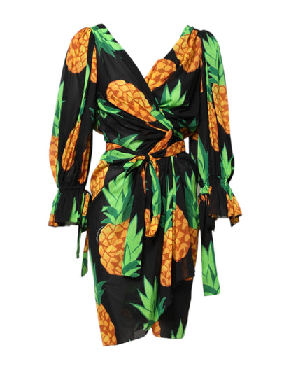Dolce &amp; Gabbana – Schwarzes Mini-Wickelkleid aus Seide mit Ananas-Print