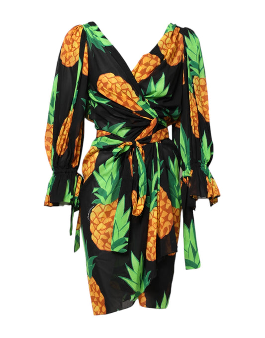 Dolce &amp; Gabbana – Schwarzes Mini-Wickelkleid aus Seide mit Ananas-Print