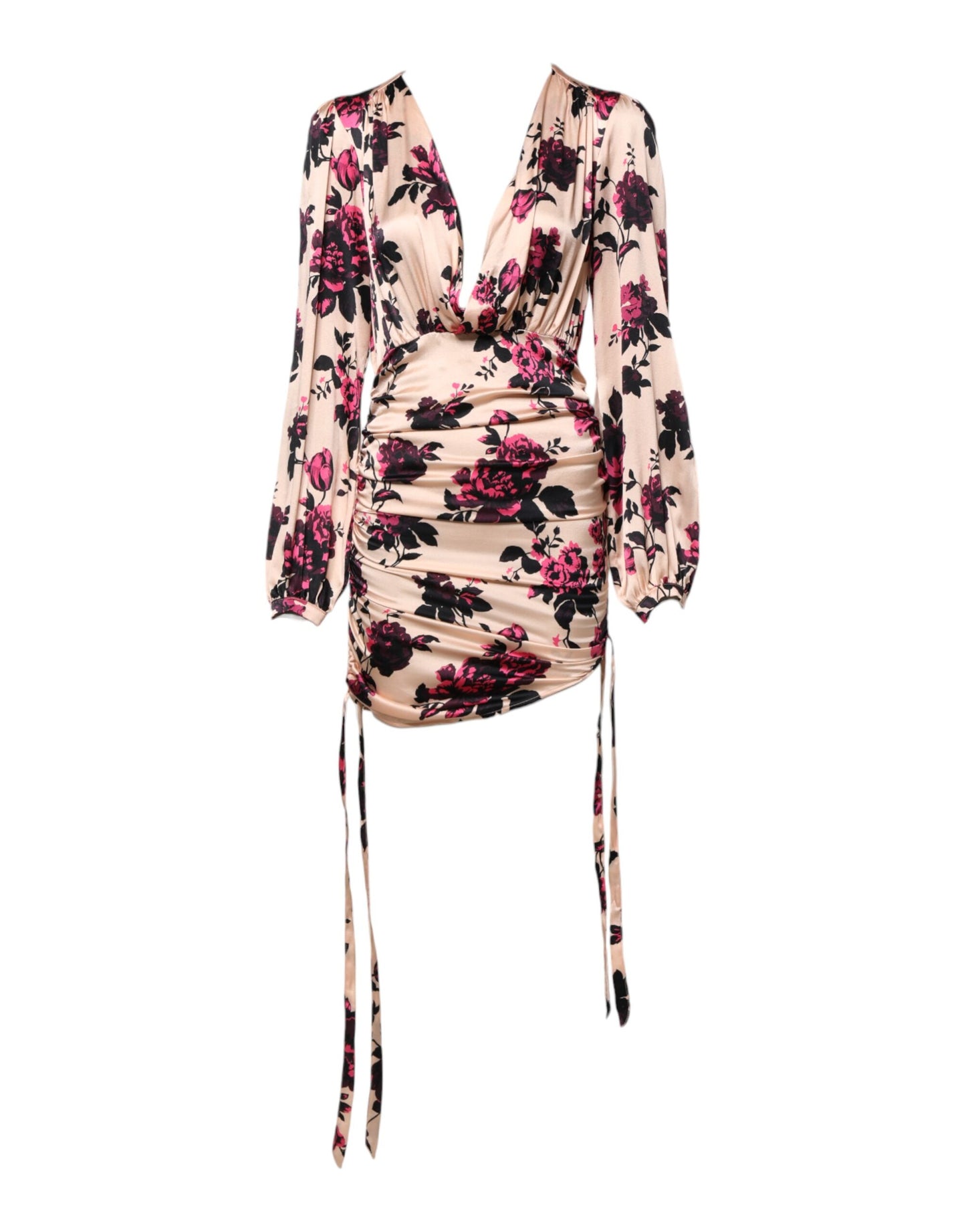 Laneus – Rosa Minikleid aus Seide mit Blumenmuster und langen Ärmeln und V-Ausschnitt und Rüschen