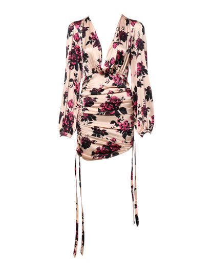 Laneus – Rosa Minikleid aus Seide mit Blumenmuster und langen Ärmeln und V-Ausschnitt und Rüschen