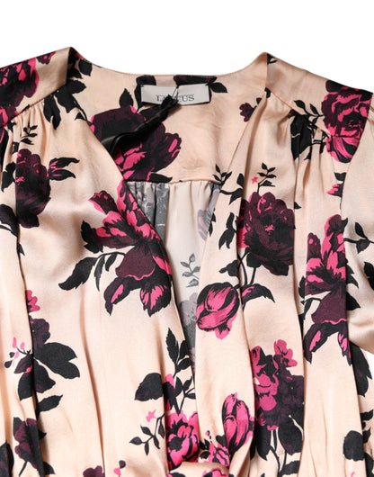 Laneus – Rosa Minikleid aus Seide mit Blumenmuster und langen Ärmeln und V-Ausschnitt und Rüschen