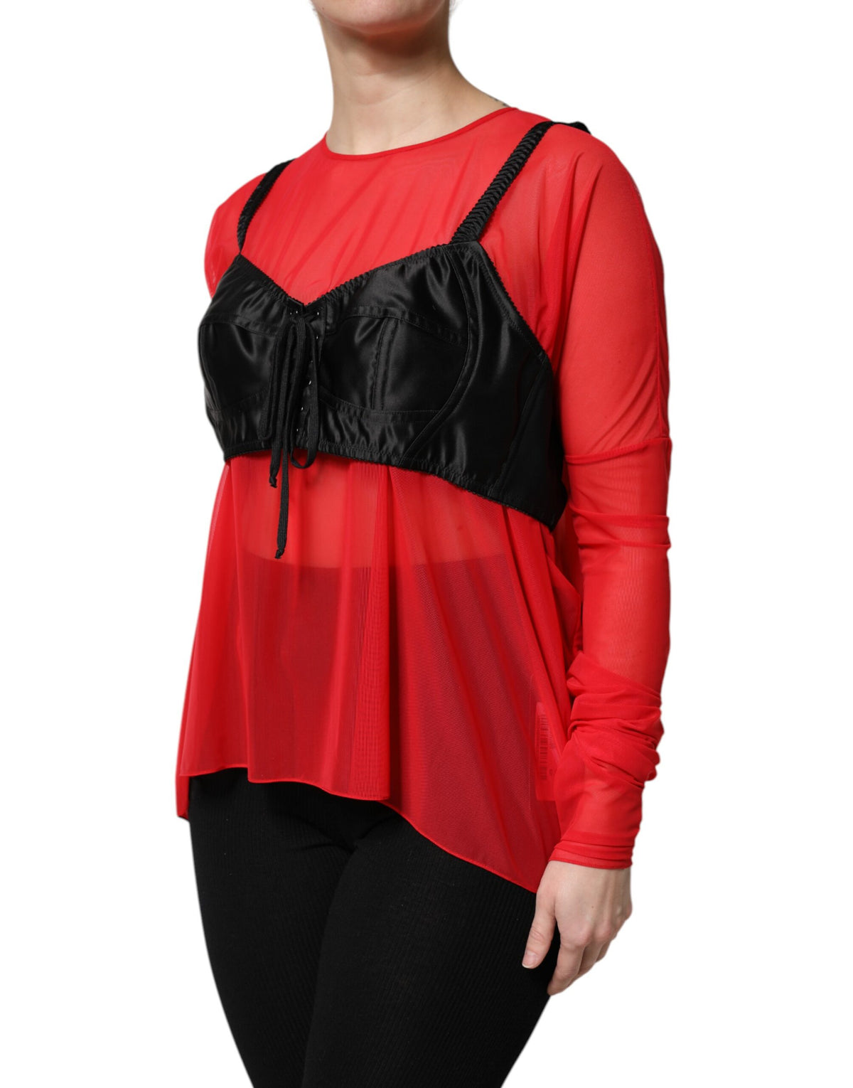 Dolce &amp; Gabbana – Rot-schwarzes Oberteil mit langen Ärmeln und Bustier-Detail