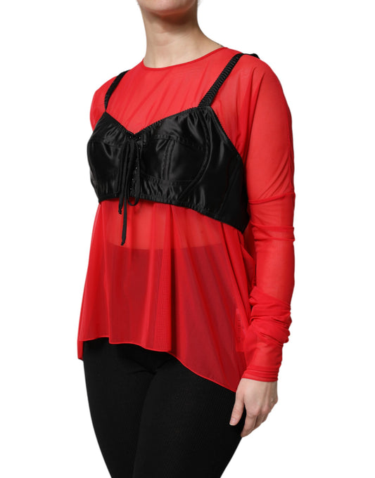 Dolce &amp; Gabbana – Rot-schwarzes Oberteil mit langen Ärmeln und Bustier-Detail