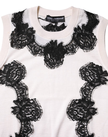 Dolce & Gabbana White Cashmere Floral Lace Detailing Tank Top