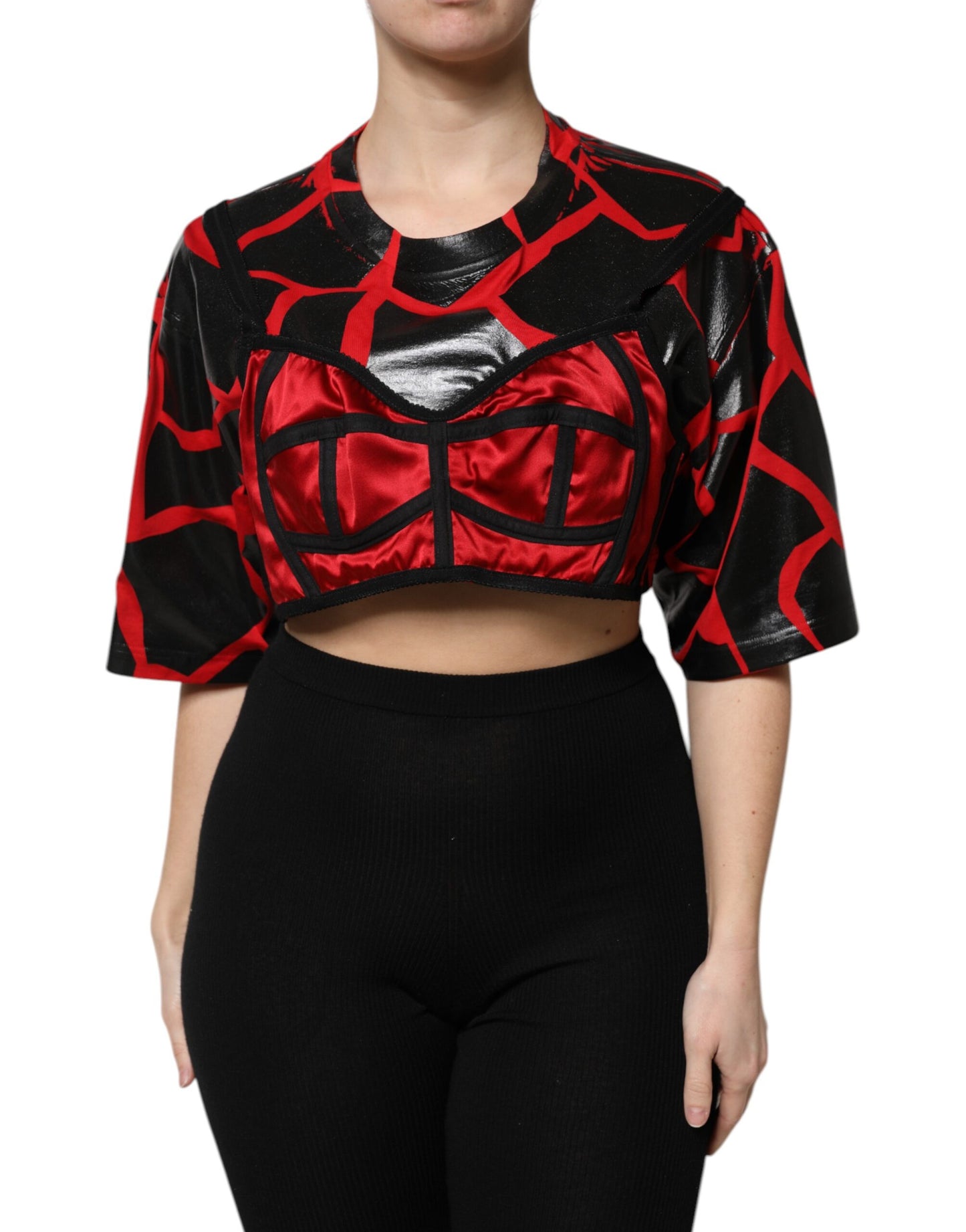 Dolce &amp; Gabbana – Kurzes Top aus rot-schwarzer Baumwolle mit Bustier-Detail