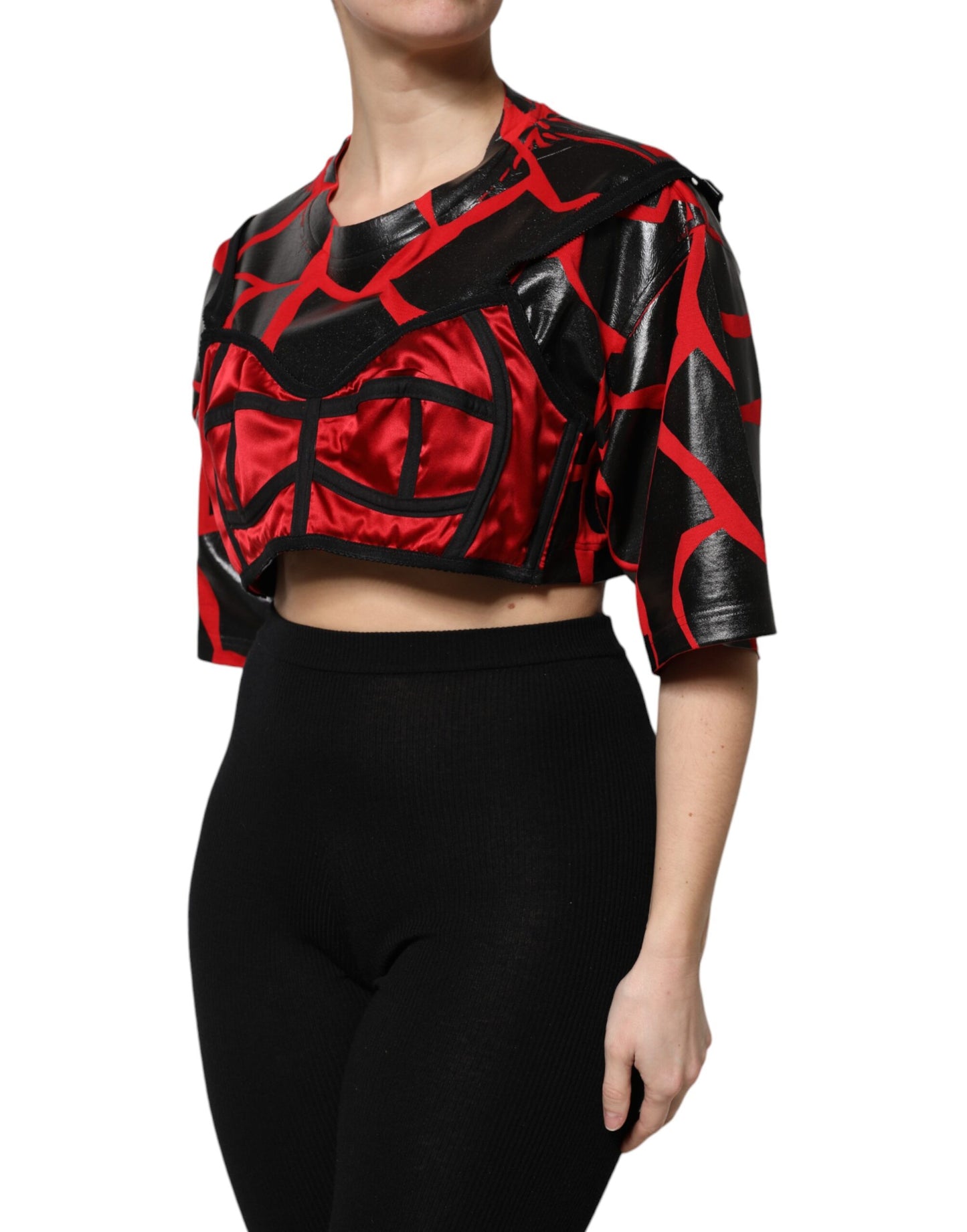 Dolce &amp; Gabbana – Kurzes Top aus rot-schwarzer Baumwolle mit Bustier-Detail