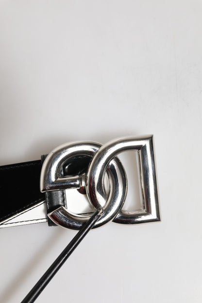 Dolce &amp; Gabbana Schwarz-weißer Ledergürtel mit DG-Metallschnalle