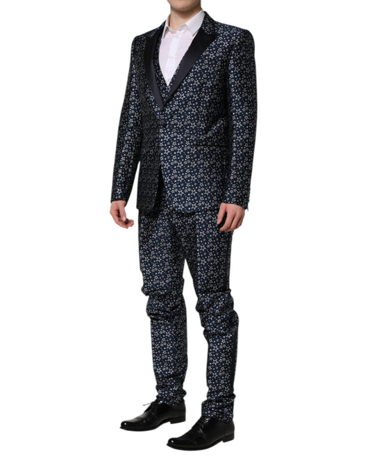 Dolce &amp; Gabbana – Blauer MARTINI-Jacquard-3-teiliger Anzug mit Stern