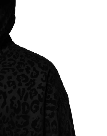 Dolce &amp; Gabbana – Schwarzer Kapuzenpullover mit durchgehendem Reißverschluss und Leopardenmuster