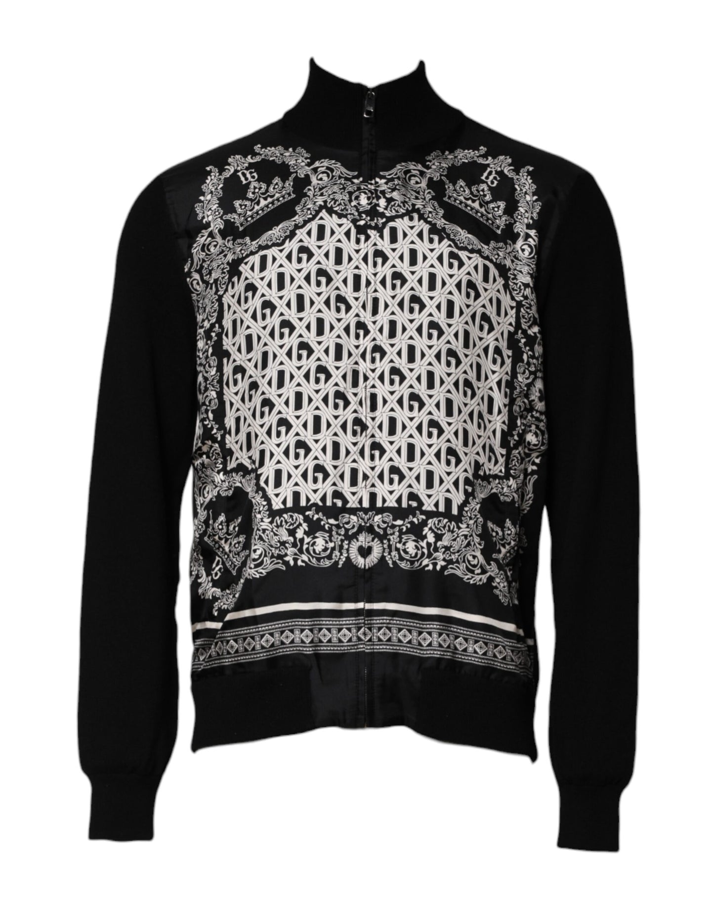 Dolce &amp; Gabbana – Schwarz-weißer Pullover mit durchgehendem Reißverschluss und Bandana-Print