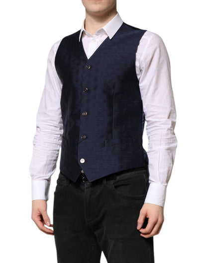 Dolce & Gabbana Dark Blue Logo Wool Formal Men Waistcoat Vest
