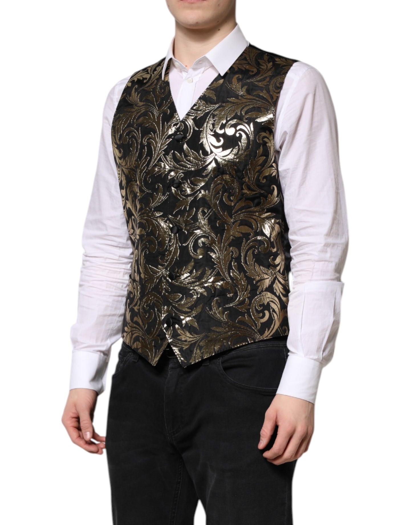 Dolce &amp; Gabbana Schwarz Gold Jacquard Formelle Herren Weste