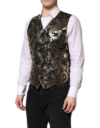 Dolce &amp; Gabbana Schwarz Gold Jacquard Formelle Herren Weste