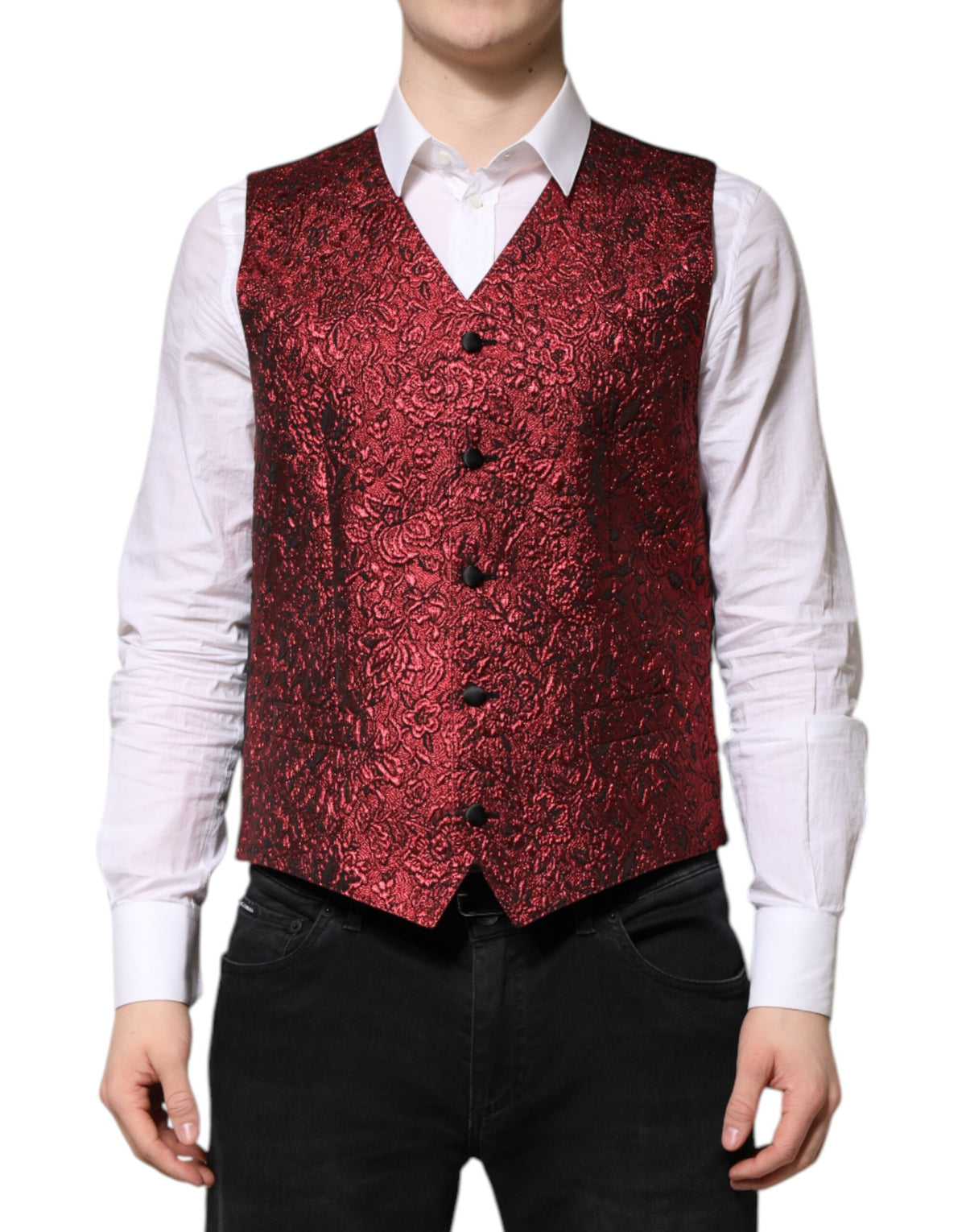 Dolce &amp; Gabbana Rote Weste aus floralem Brokat für formelle Herren