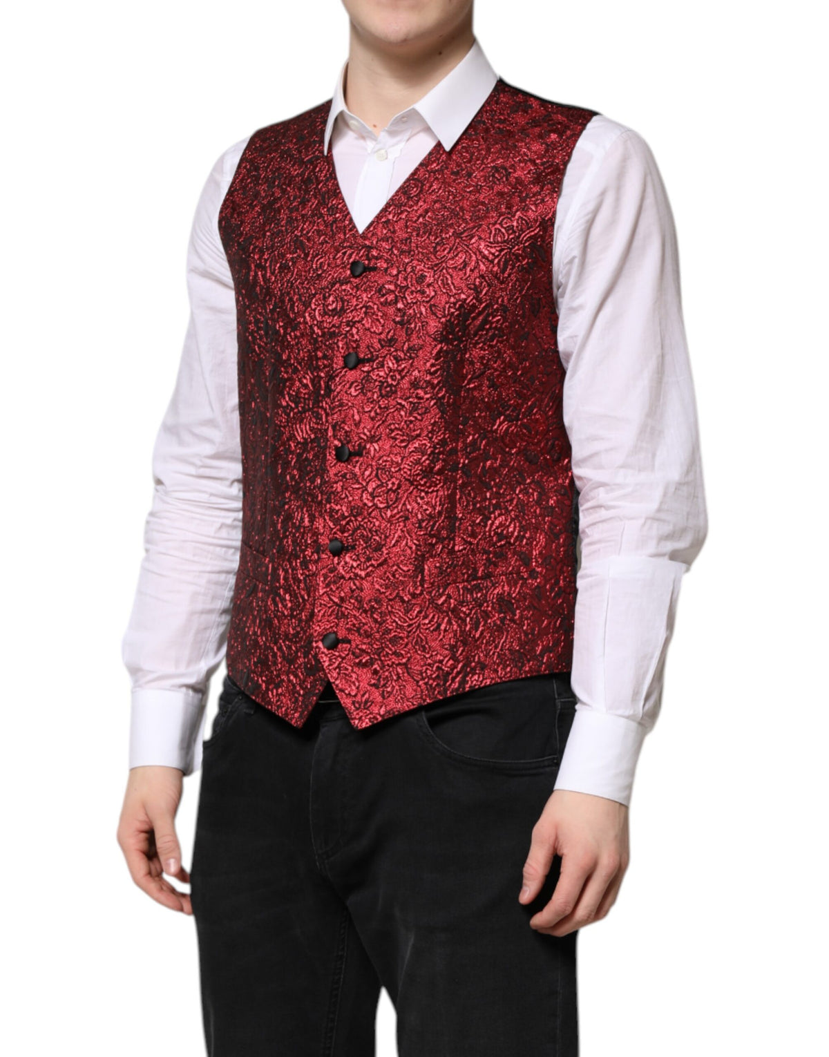 Dolce &amp; Gabbana Rote Weste aus floralem Brokat für formelle Herren