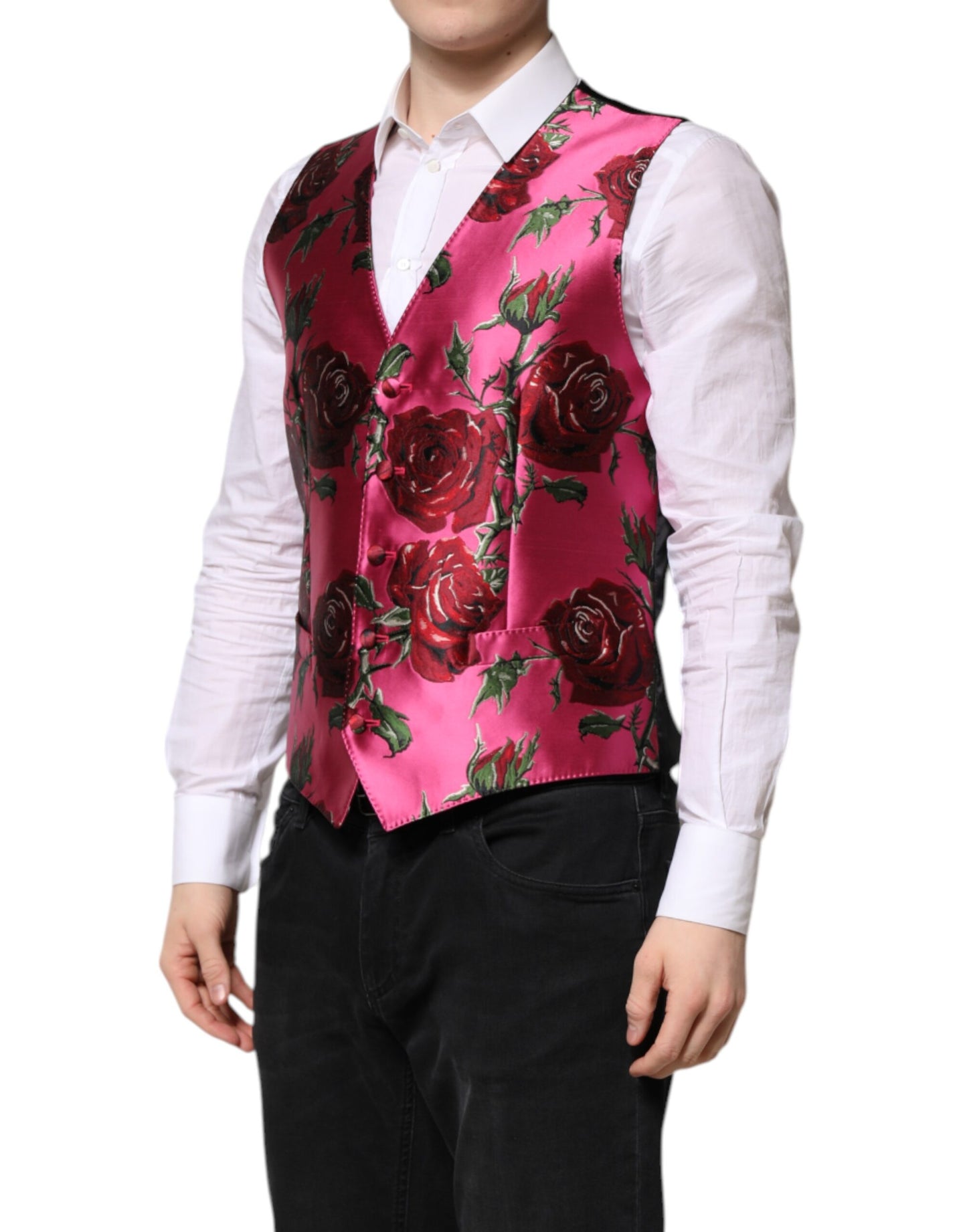 Dolce &amp; Gabbana Rosa florale Satin-Weste für formelle Herren