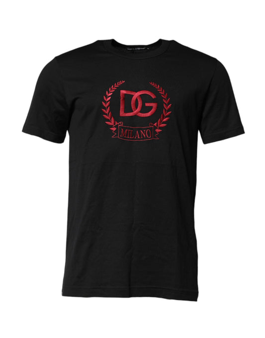 Dolce &amp; Gabbana – Schwarzes, besticktes T-Shirt aus Baumwolle mit Rundhalsausschnitt