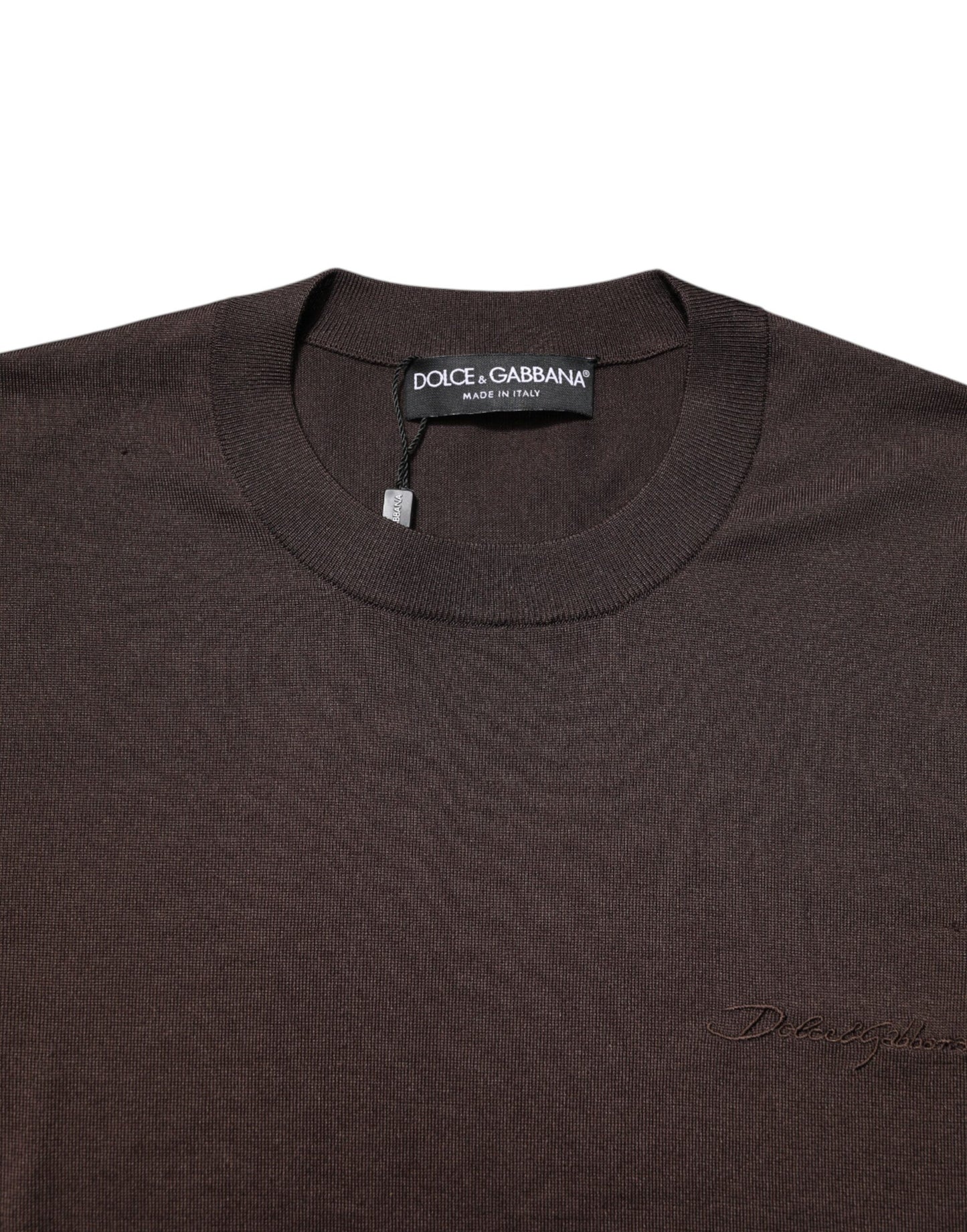 Dolce & Gabbana Brown Silk Logo Embroidery Crew Neck T-shirt