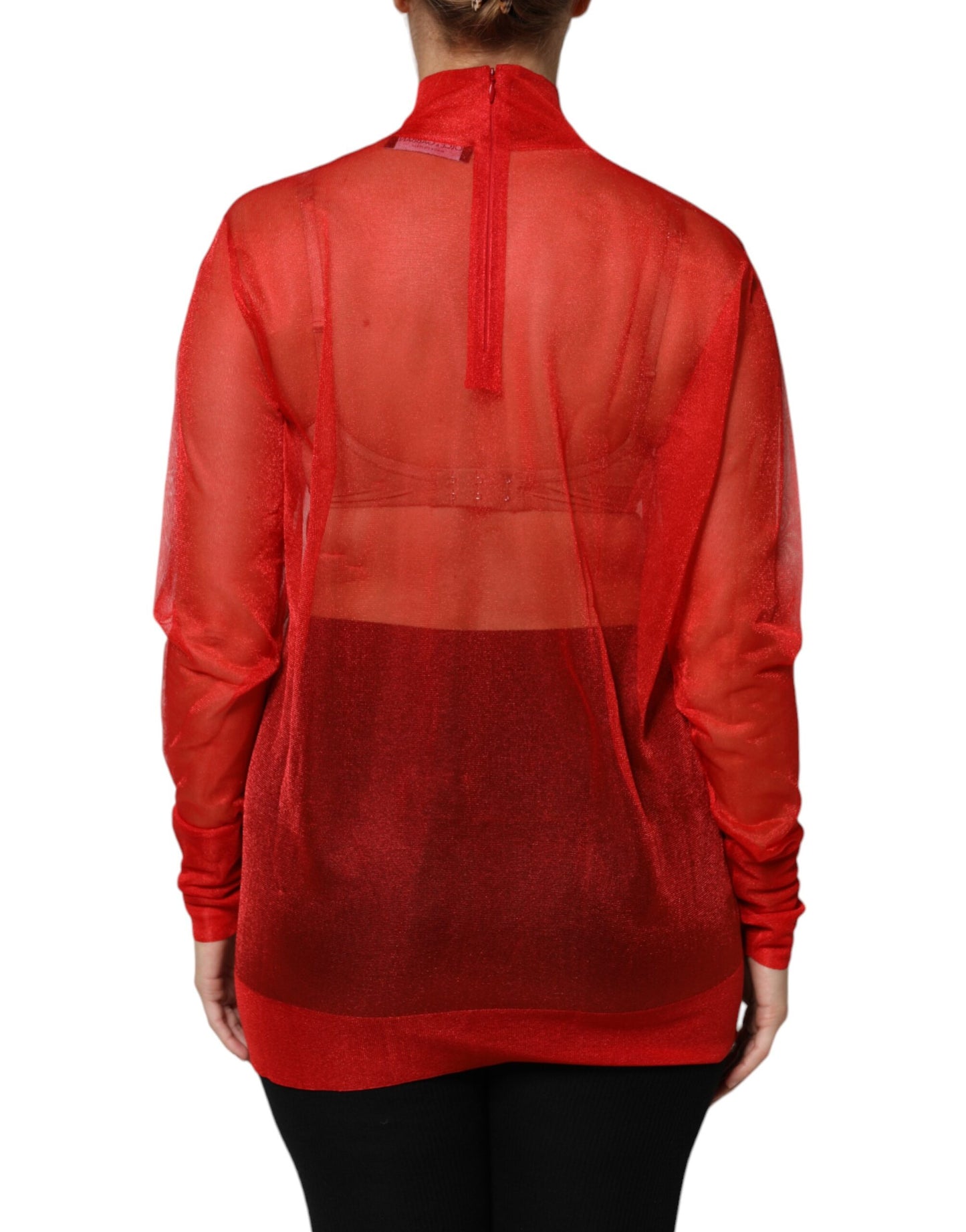 بلوزة دولتشي آند غابانا الحمراء من التول بياقة مدورة وأكمام طويلة