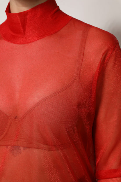 بلوزة دولتشي آند غابانا الحمراء من التول بياقة مدورة وأكمام طويلة