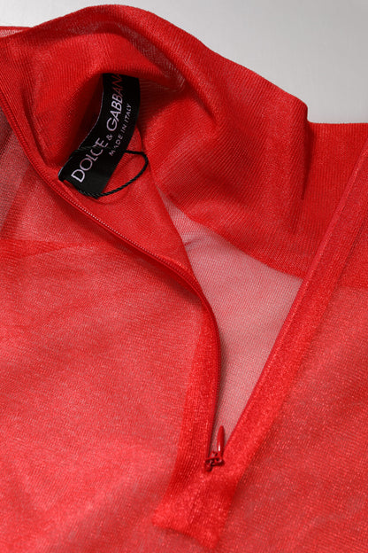 بلوزة دولتشي آند غابانا الحمراء من التول بياقة مدورة وأكمام طويلة