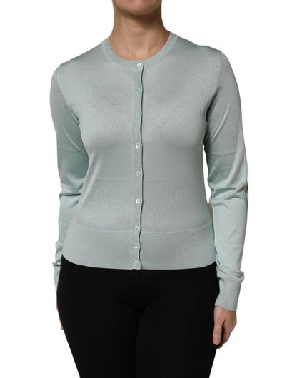 Dolce &amp; Gabbana Hellgrüner Cardigan-Pullover aus Seide mit Knopfleiste