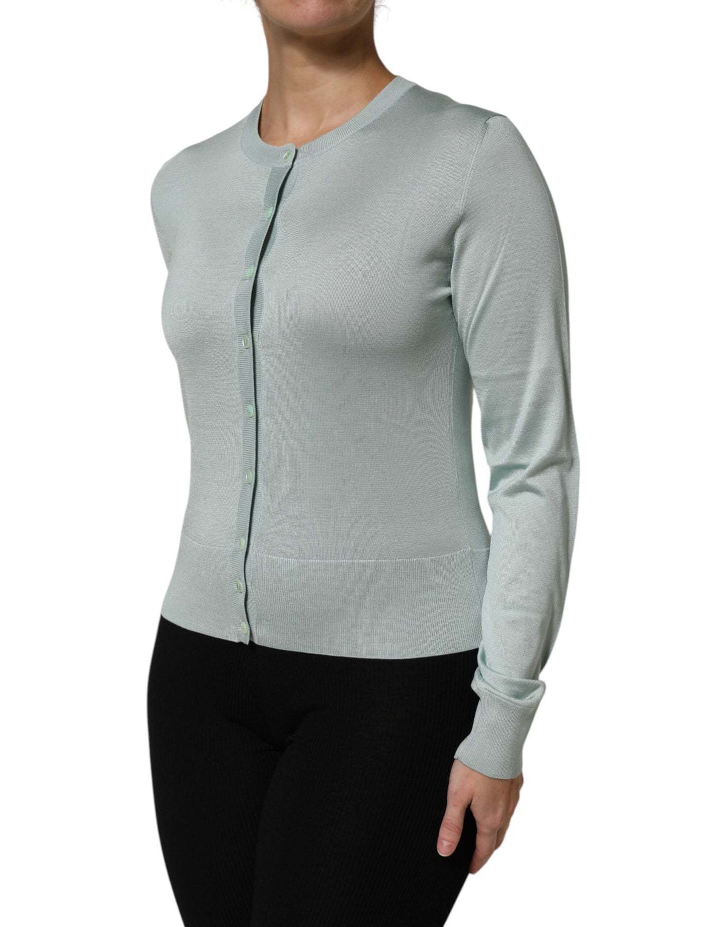 Dolce &amp; Gabbana Hellgrüner Cardigan-Pullover aus Seide mit Knopfleiste