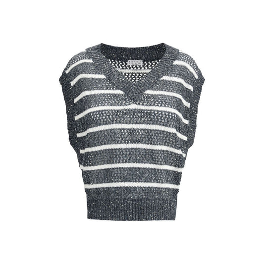 Ärmelloser Pullover aus blauem Leinen von Brunello Cucinelli